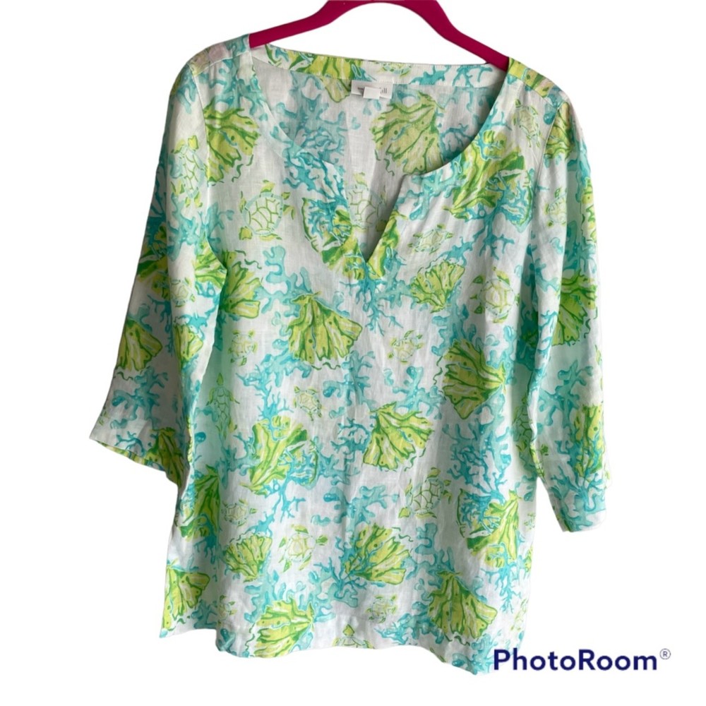 J.JILL Love Linen Turtle Print Green and Blue V-Neck Tunic Blouse, XSP